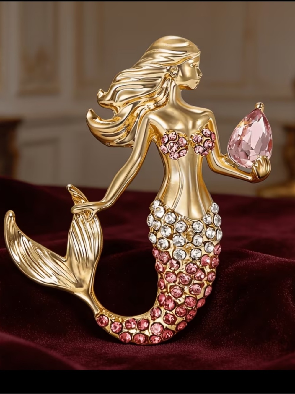 Gold Tone Pink Crystal Mermaid Brooch